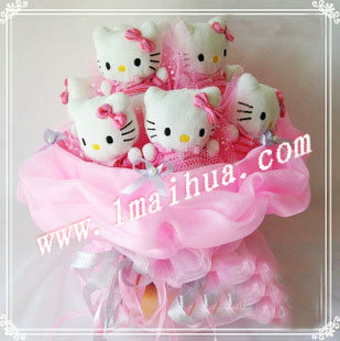 商品详细-9只高10CM的正版（挂吊牌）KT猫，粉色高档纱款包装。花束高35CM